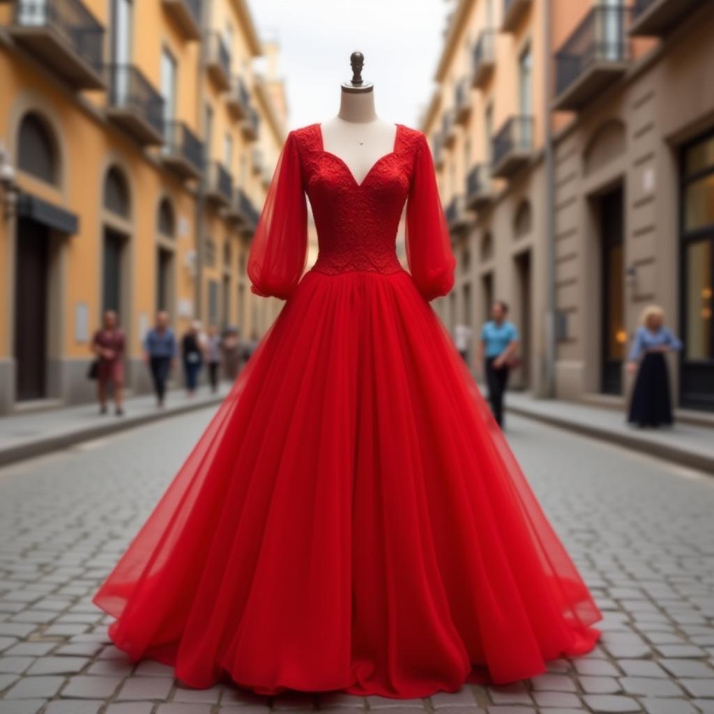 Vestido rojo artesanal sobre fondo de calles de Madrid